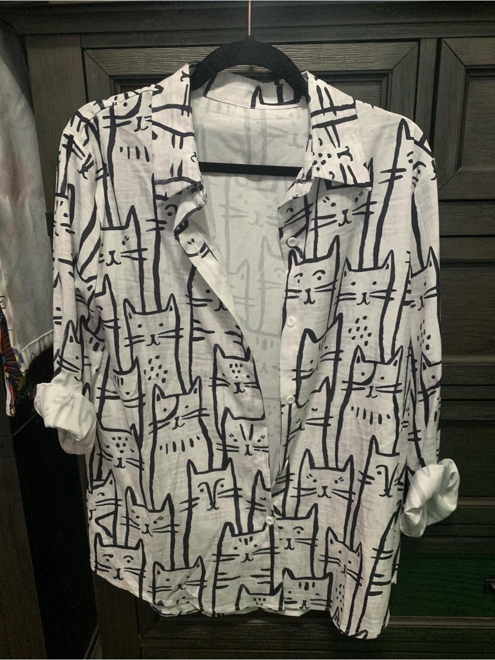 White Button-Up Shirt with Black Cat Sketch Print